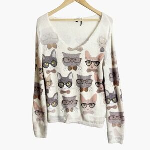 Tricotto V-neck Cat In Glasses Sweater Small Fuzzy Cozy Cat Lady Nerdy AOP Gems